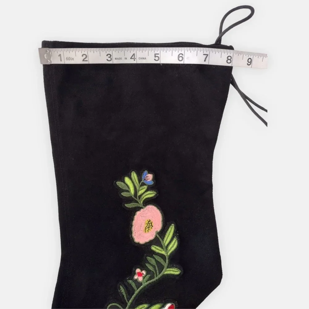 Top Moda Black Suede Floral Embroidered Over The Knee Boots 8.5